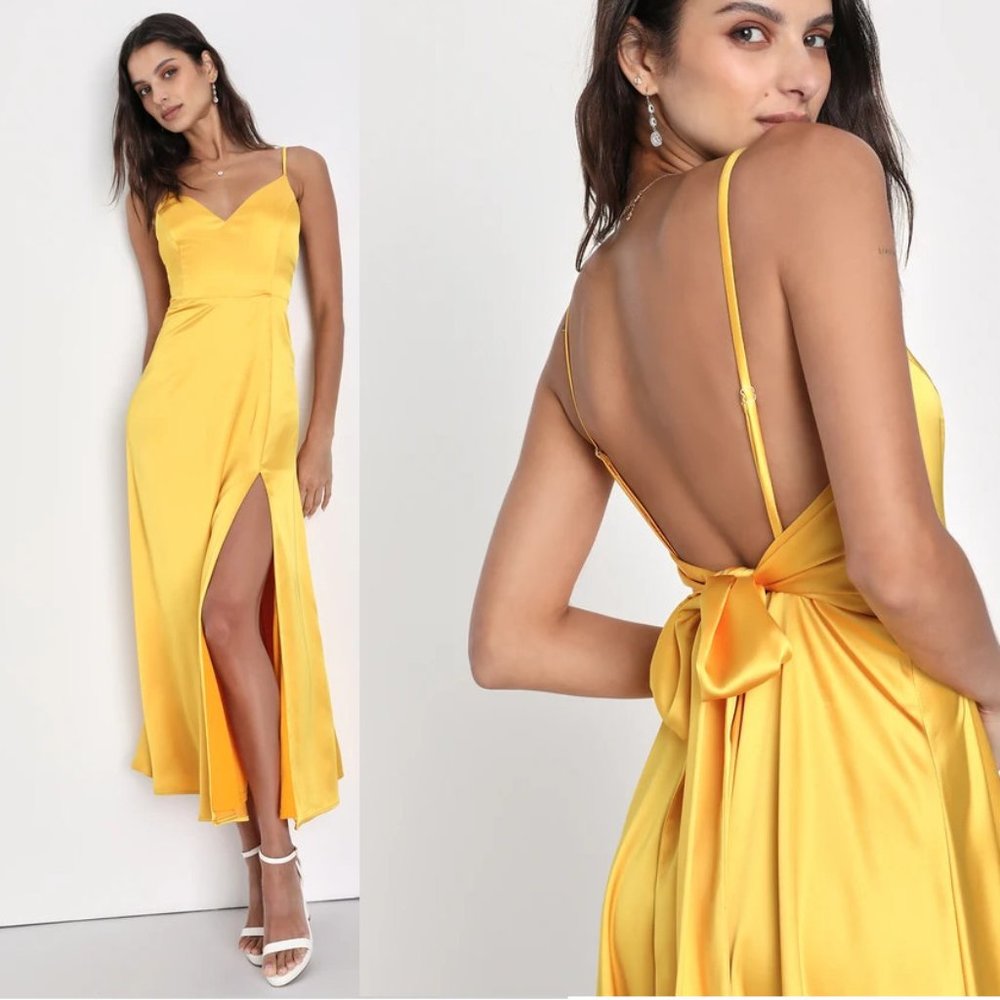 Lulu's Always Audacious Marigold Yellow Satin Tie-Back Midi Dress w/V-Neck